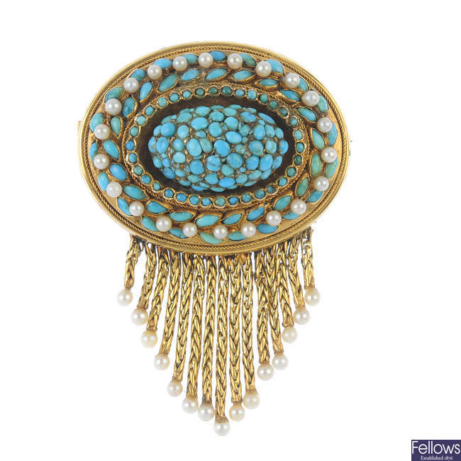 A mid 19th century gold turquoise and seed pearl brooch.