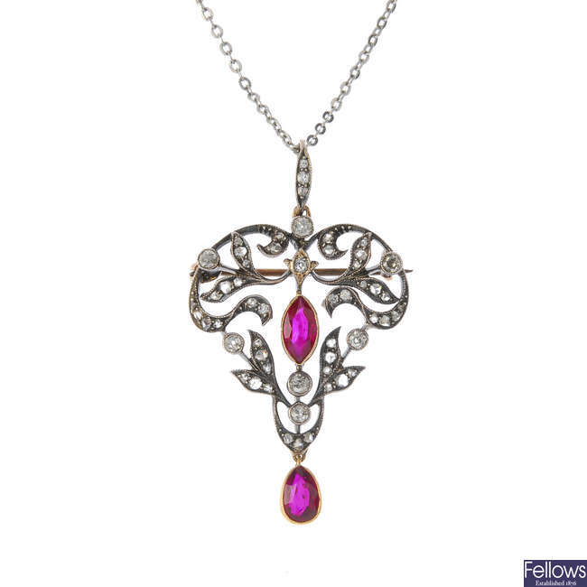An Edwardian silver and gold Burmese ruby and diamond pendant.