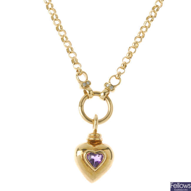 A 9ct gold amethyst and diamond pendant, with chain.