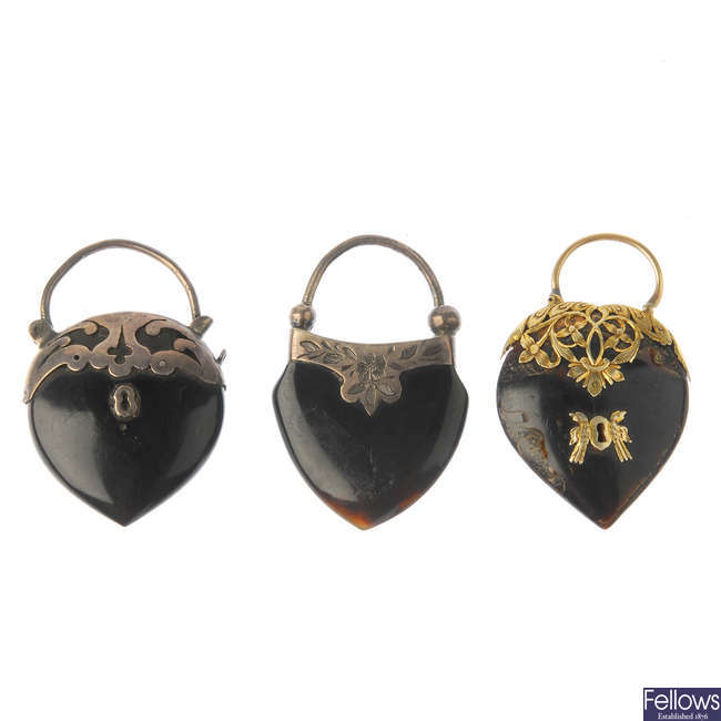 Three mid to late Victorian tortoiseshell padlock clasps. 