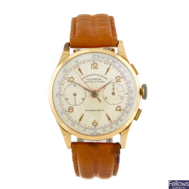 (PWN134/10404B) CHRONOGRAPHE SUISSE - a gentleman's yellow metal Norina chronograph wrist watch.