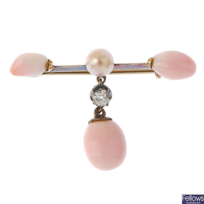 An early 20th century gold conch pearl, diamond and split pearl brooch.