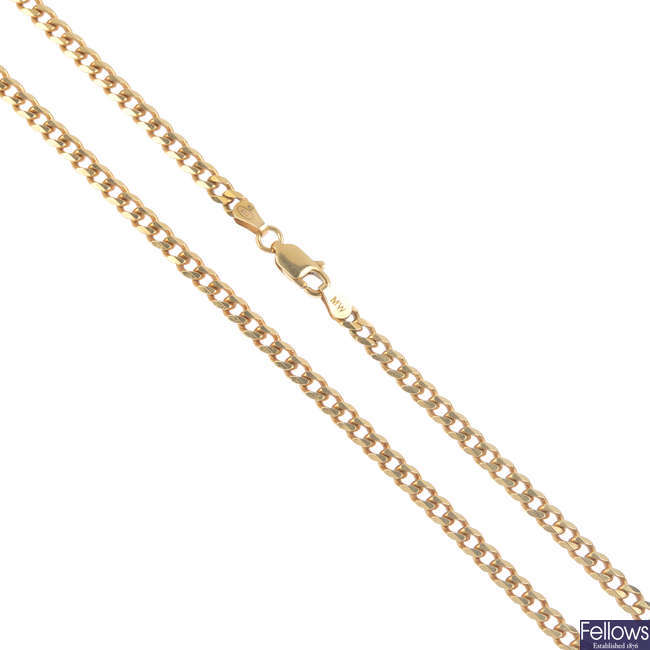 A 9ct gold band and a curb-link necklace.
