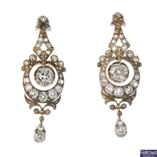 A pair of mid Victorian silver and gold diamond earrings, circa 1870.