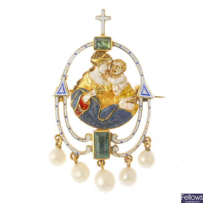 An Edwardian gold, enamel and gem-set religious brooch, with Garrard & Co. case.