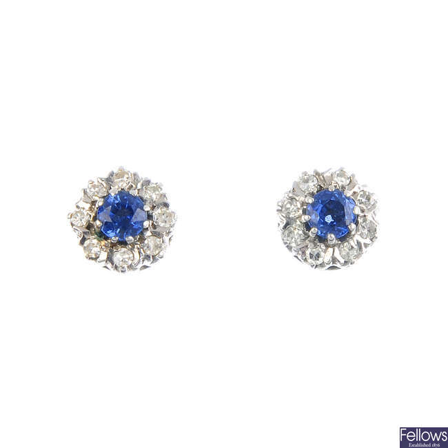 A pair of 9ct gold sapphire and diamond cluster ear studs.