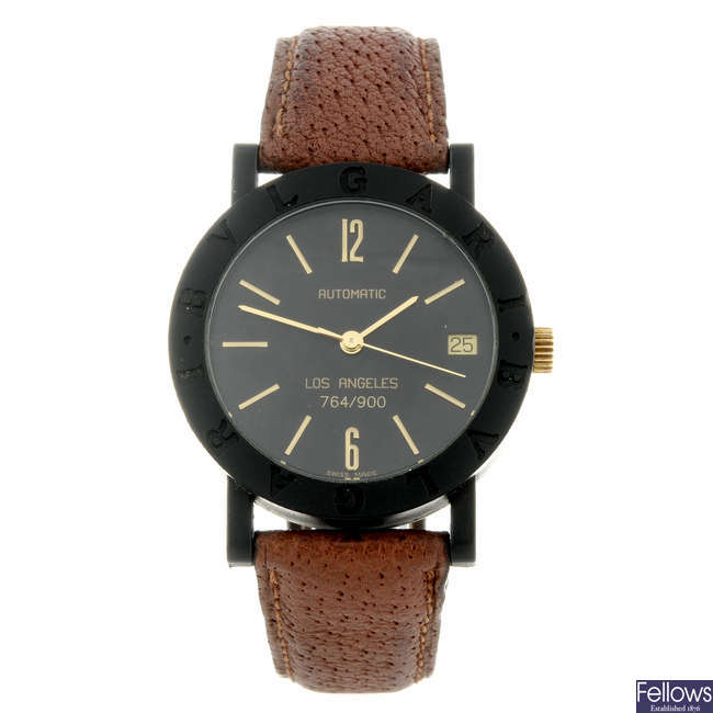 BULGARI - a limited edition mid-size carbon fibre Los Angeles wrist watch.
