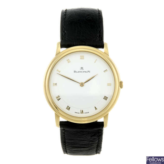 BLANCPAIN - a gentleman's yellow metal Ultra Thin wrist watch.