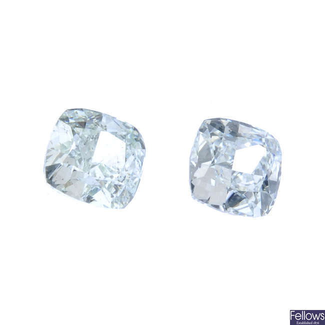 A pair of square-shape coloured diamonds, weighing, 0.37 and 0.30ct.