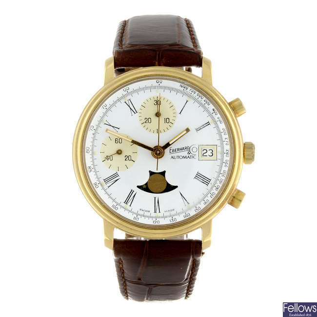 EBERHARD & CO. - a limited edition gentleman's gold plated 1887-1987 chronograph wrist watch.