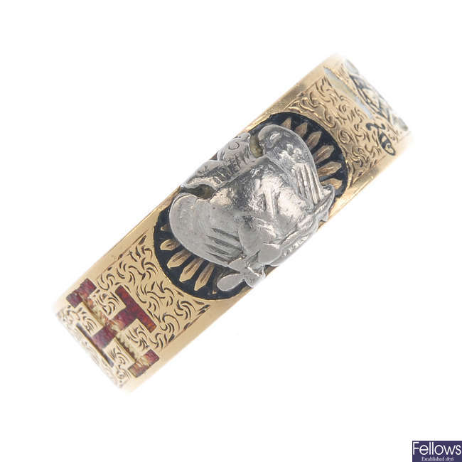 A mid 20th century 14ct gold enamel 14th order Masonic ring.