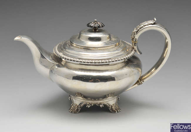 A William IV silver teapot.