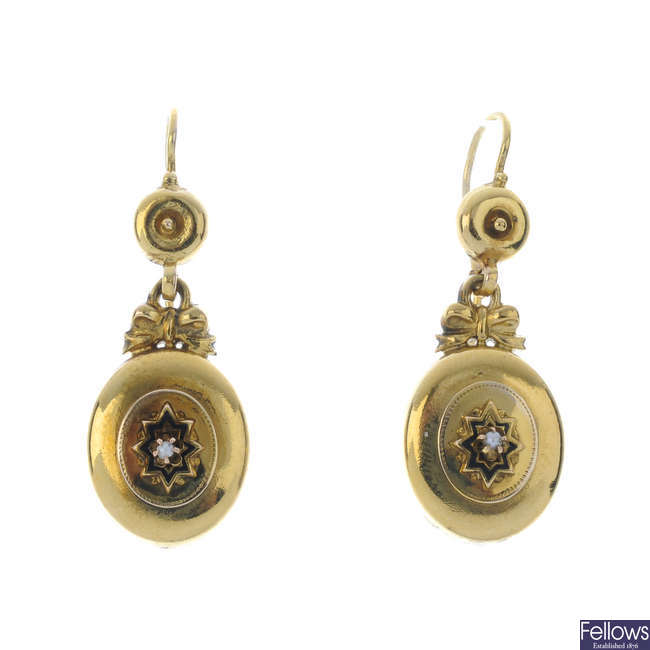 A pair of enamel and split pearl ear pendants.