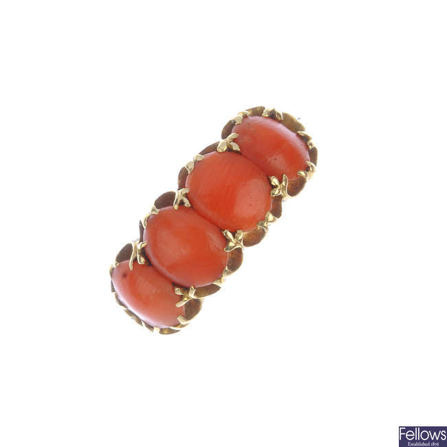 A late Victorian 18ct gold coral four-stone ring.