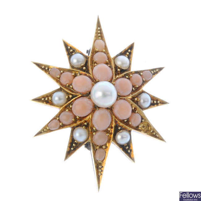 A late Victorian 15ct gold coral and split pearl star brooch. 