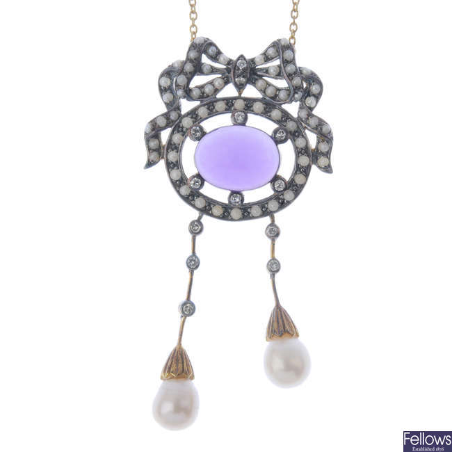 An amethyst, diamond, split and cultured pearl pendant, with chain.