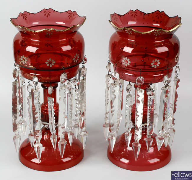 A pair of late 19th century cranberry glass lustre vases.