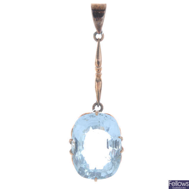 A mid 20th century aquamarine single-stone pendant.