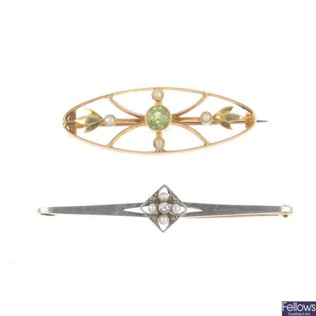 Two early 20th century 15ct gold diamond and gem-set brooches.