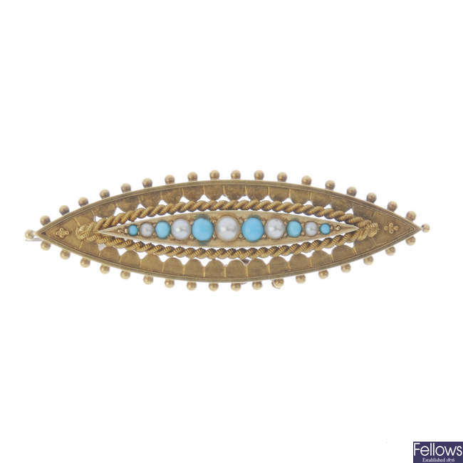 A late 19th century gold split pearl and turquoise bar brooch with unassociated swallow safety pin.
