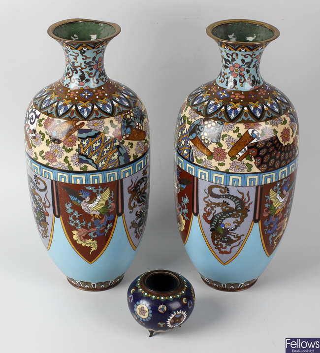 A pair of cloisonne vases and a small pot.