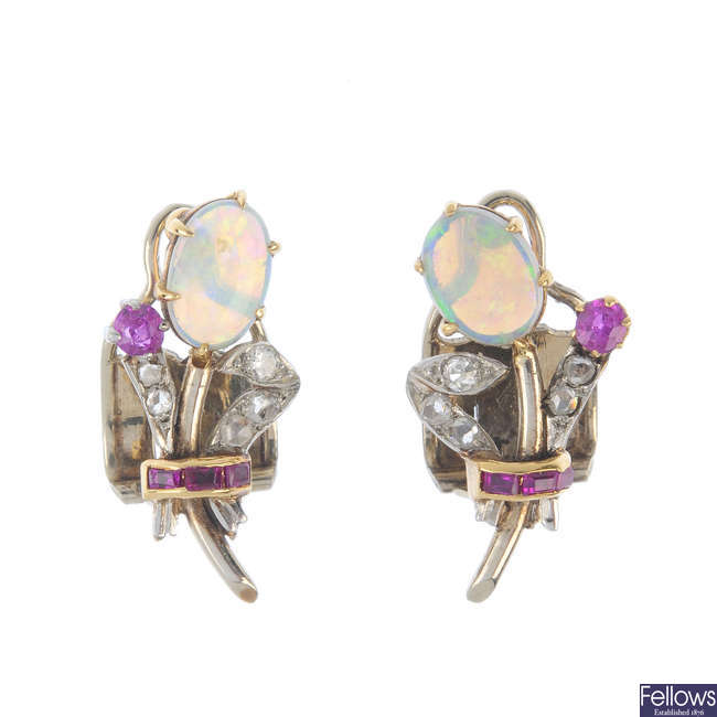 A pair of mid 20th century gold, ruby, opal and diamond earrings.