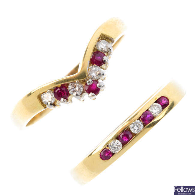 Two 18ct gold ruby and diamond rings.