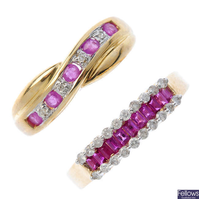 Three 9ct gold ruby and diamond rings.