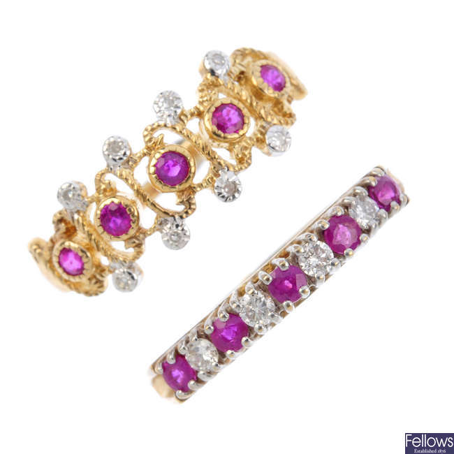 Three 9ct gold ruby and diamond rings.