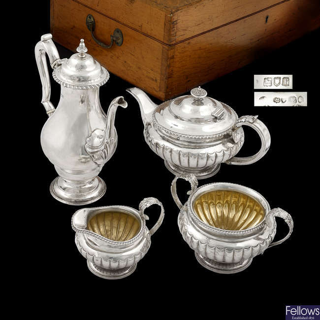 Three piece Georgian silver tea set, together with a later coffee pot in a wooden case.