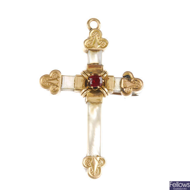 A late 19th century mother-of-pearl, gold and red paste cross pendant.