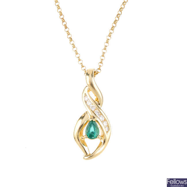 An emerald and diamond pendant, with chain.