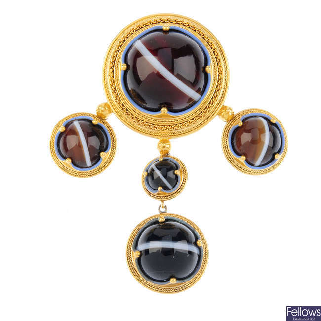 A late Victorian gold, banded agate and enamel pendant.