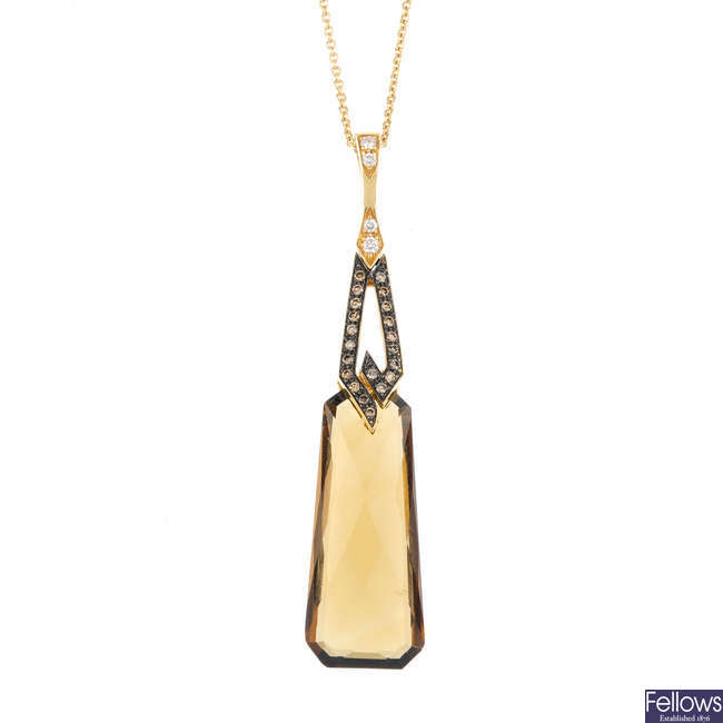 An 18ct gold smoky quartz and diamond pendant, with chain.