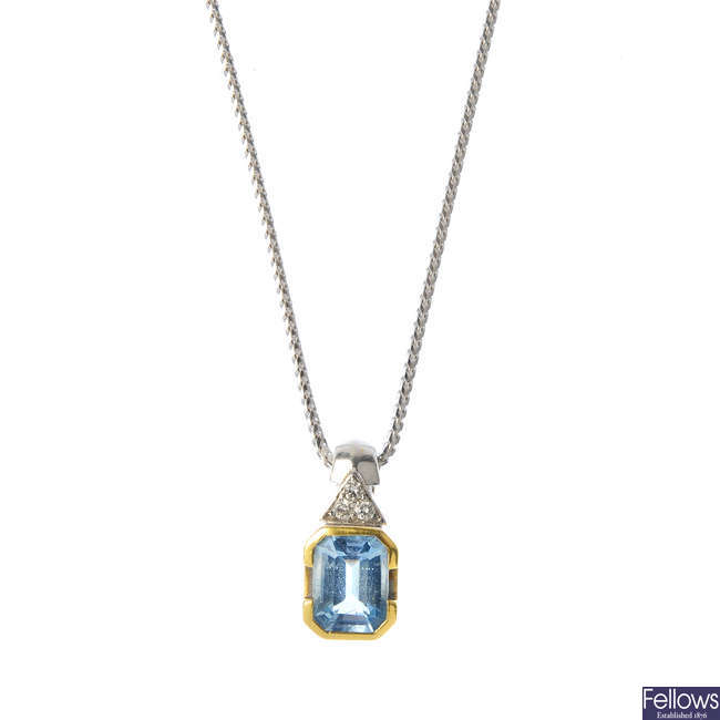 An 18ct gold aquamarine and diamond pendant, with chain.