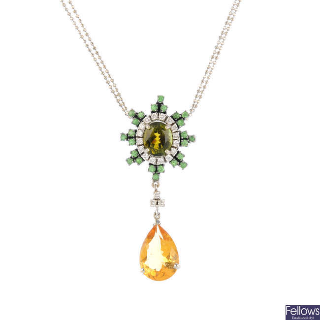 A diamond and gem-set pendant, with chain.