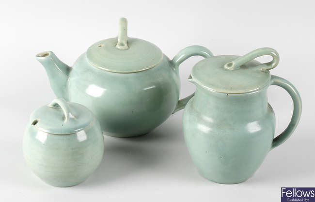 An Upchurch Pottery tea service in celadon green glaze.