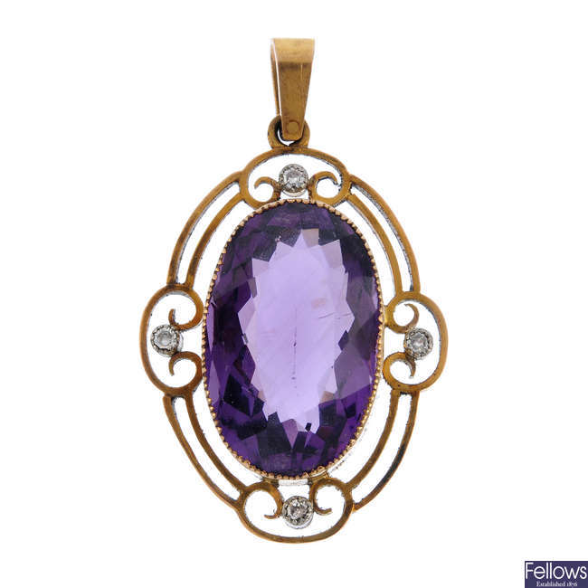 An early 20th century 9ct gold amethyst and diamond pendant.