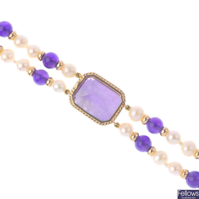 A cultured pearl and amethyst two-row necklace.