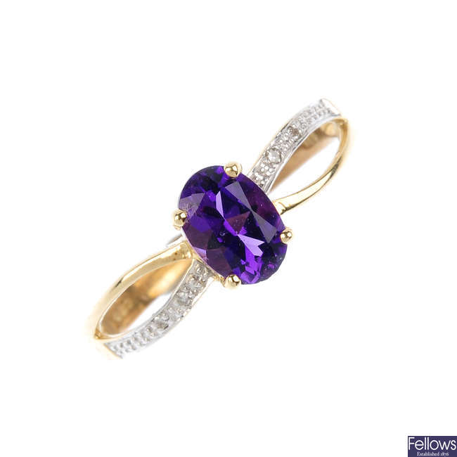 A 9ct gold amethyst and diamond ring.