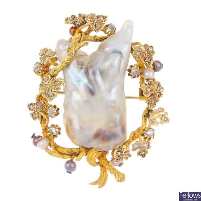 A Russian pre-revolutionary gold, diamond, baroque and seed pearl brooch.