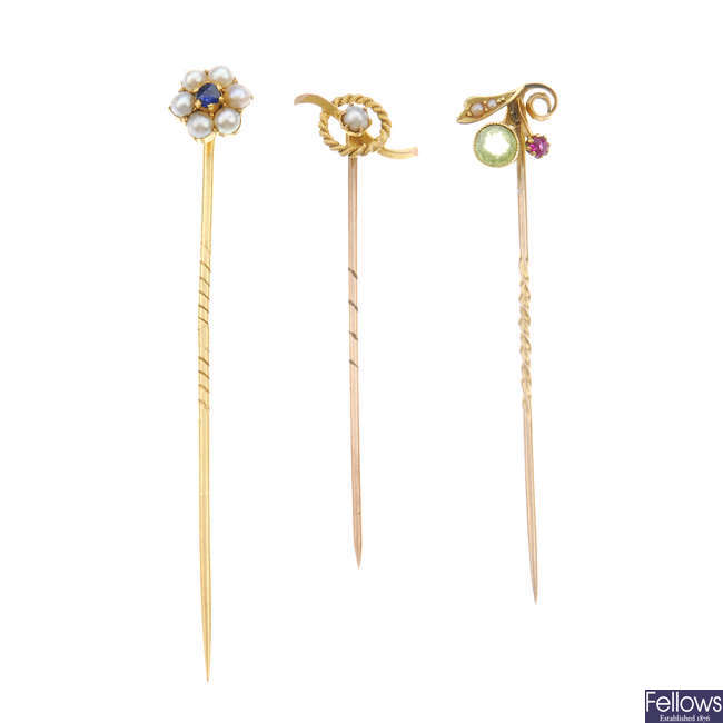 A selection of late 19th to early 20th century gold stickpins.