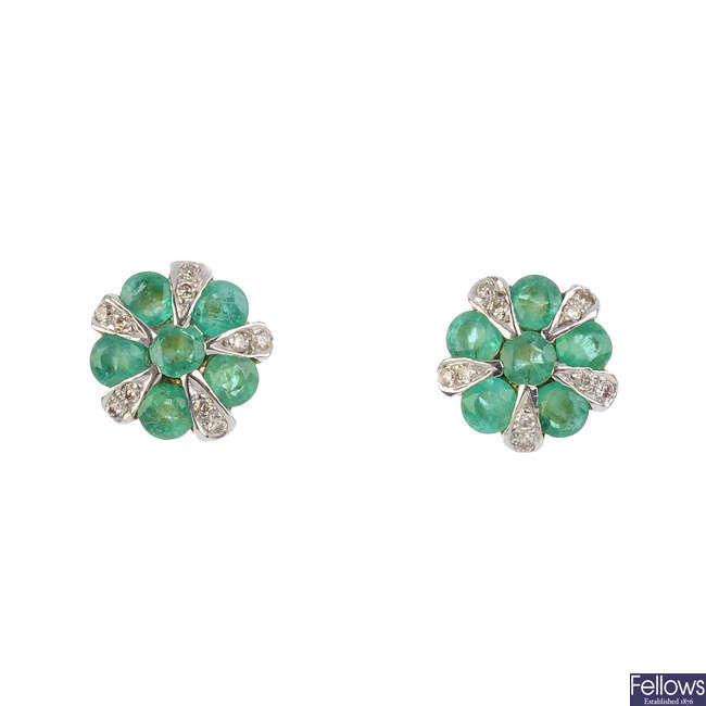 A pair of 9ct gold emerald and diamond stud earrings.