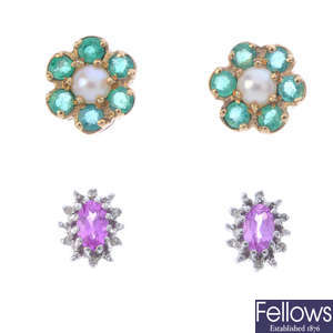 Four pairs of diamond and gem-set earrings.