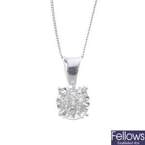 A diamond pendant, with chain and three pairs of earrings.