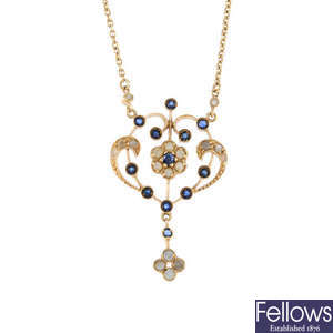 A 9ct gold sapphire and split pearl pendant, on chain.