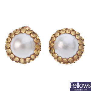 A pair of mabe pearl clip earrings.