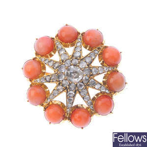 A late Victorian gold diamond and coral star brooch, circa 1880.