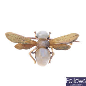 A late Victorian 15ct gold pearl fly brooch.
