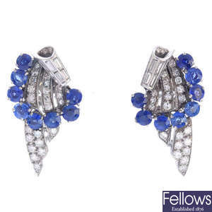 A pair of mid 20th century diamond and sapphire clips.